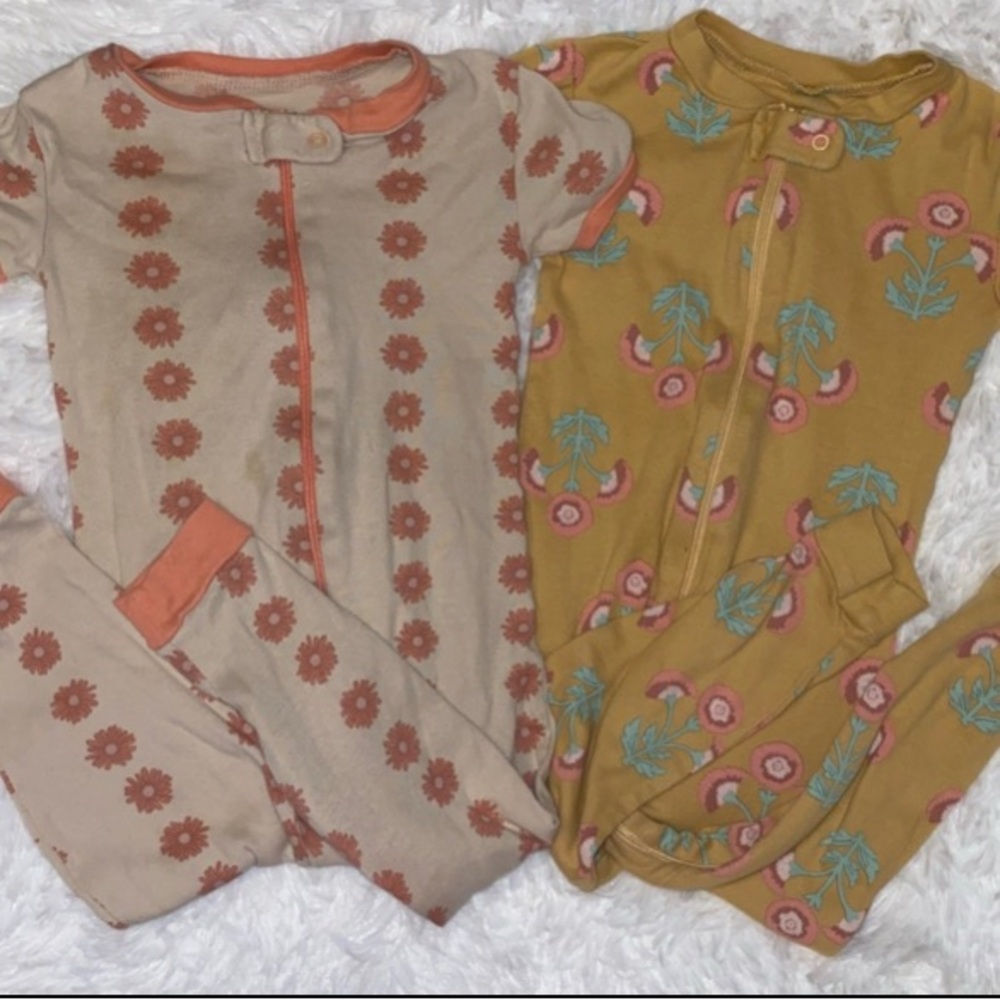 Floral Kids One Piece Set - Beige and Mustard Short Sleeve Romper Bundle Lot
